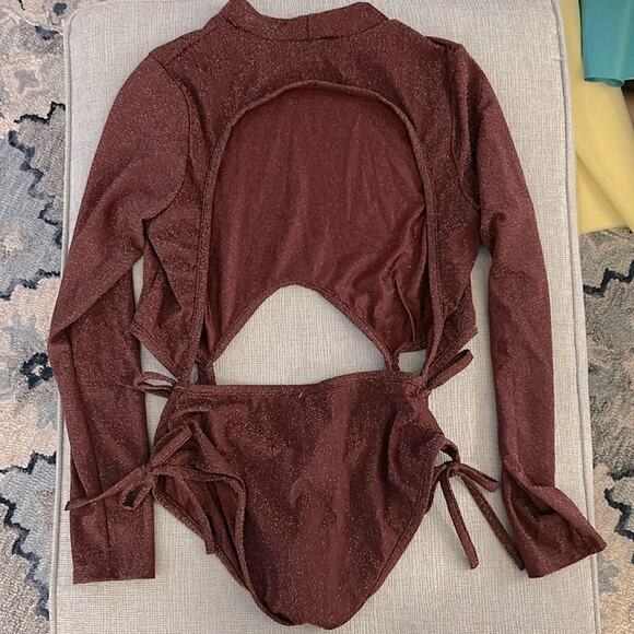 NEW Savage X Fenty burgundy sparkle cut out side tie long sleeve bodysuit 3X - Picture 8 of 10